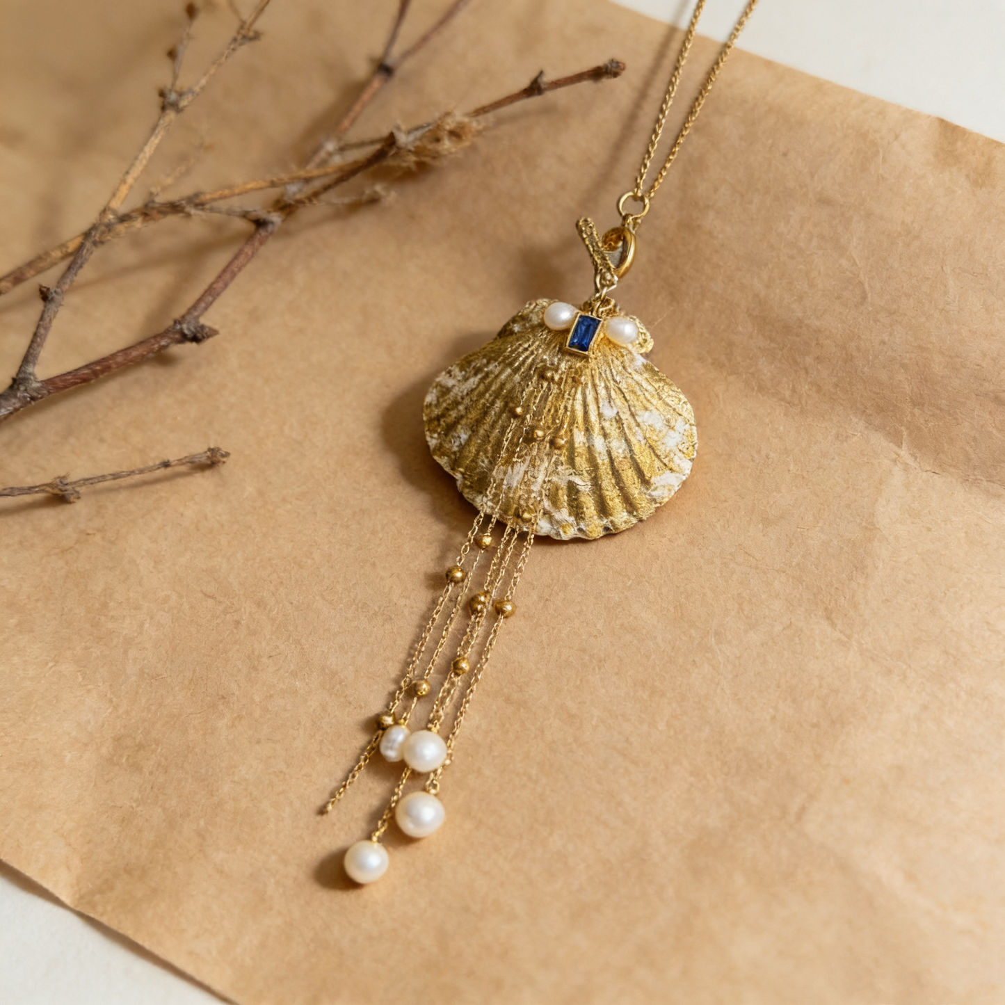 Handmade Gold Shell Pearl Pendant Necklace