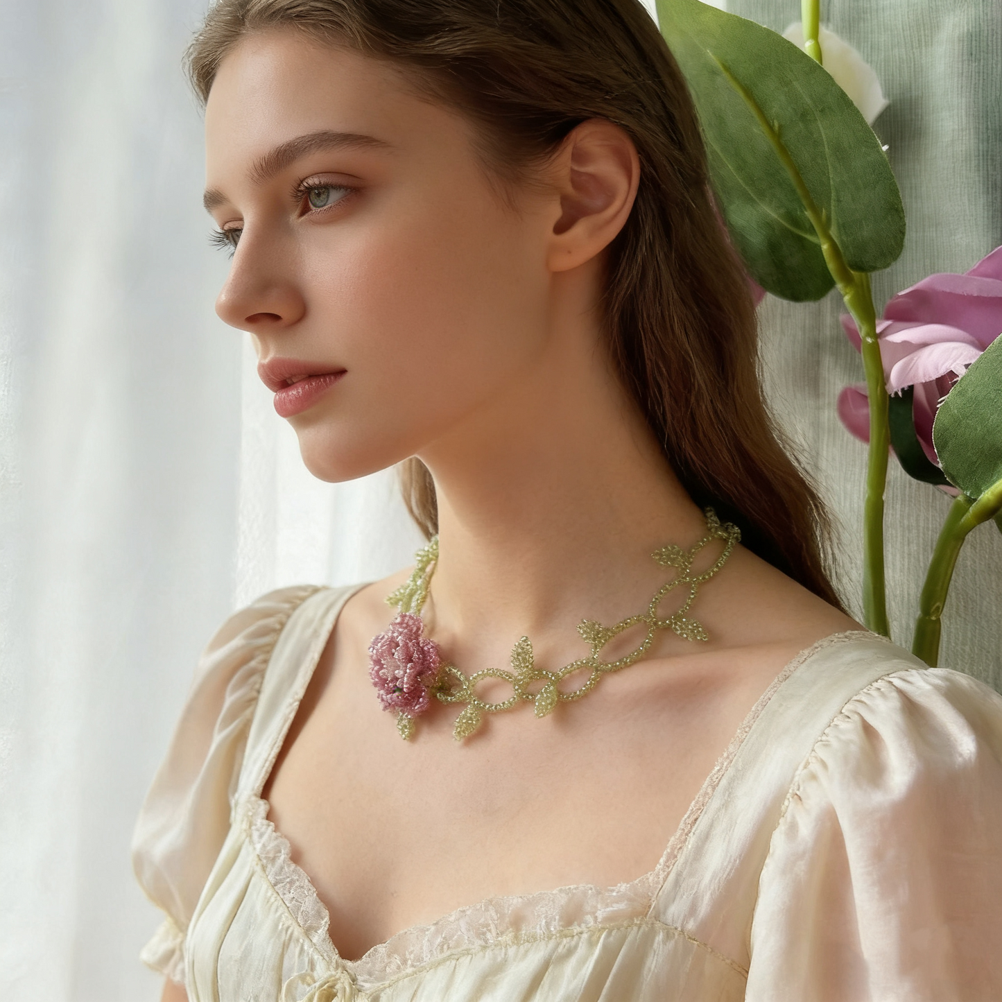 Hand Beaded Floral Vine Necklace