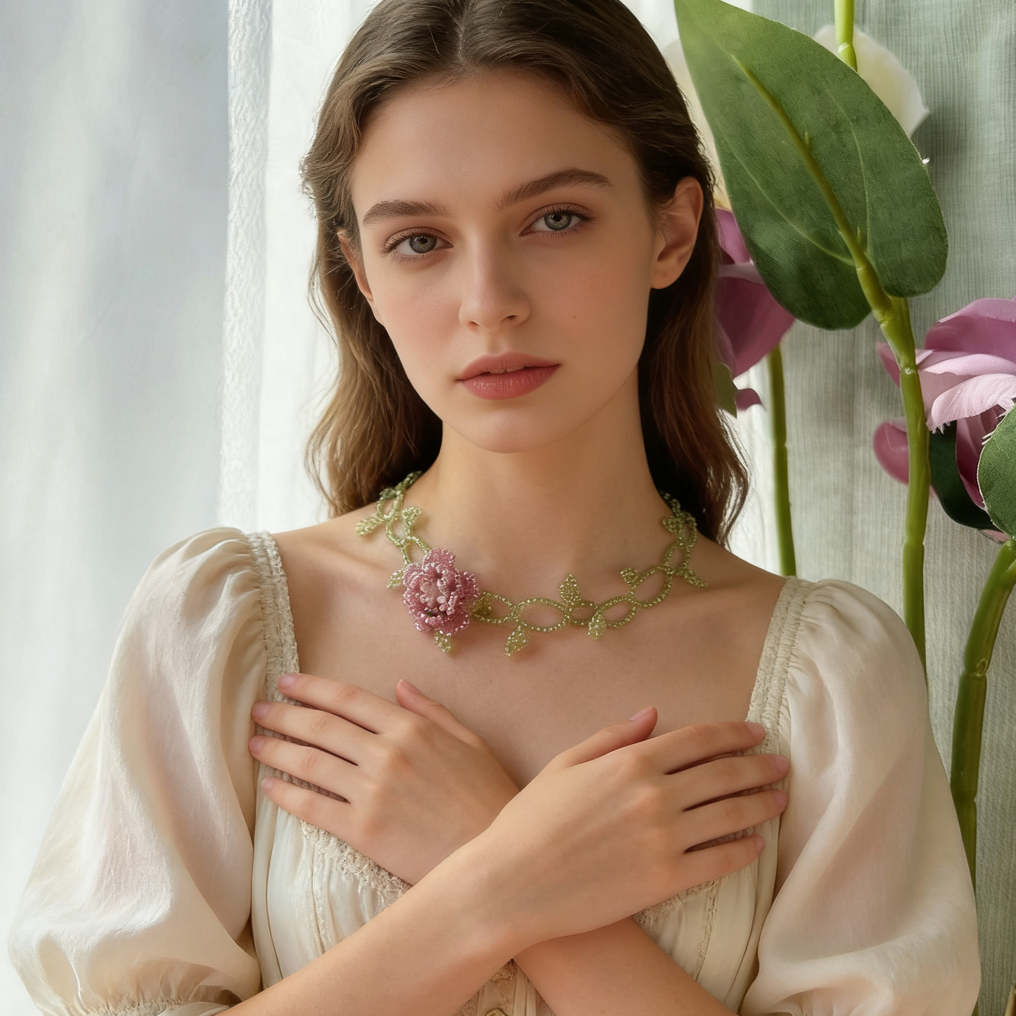 Lightweight botanical style beaded necklace styling