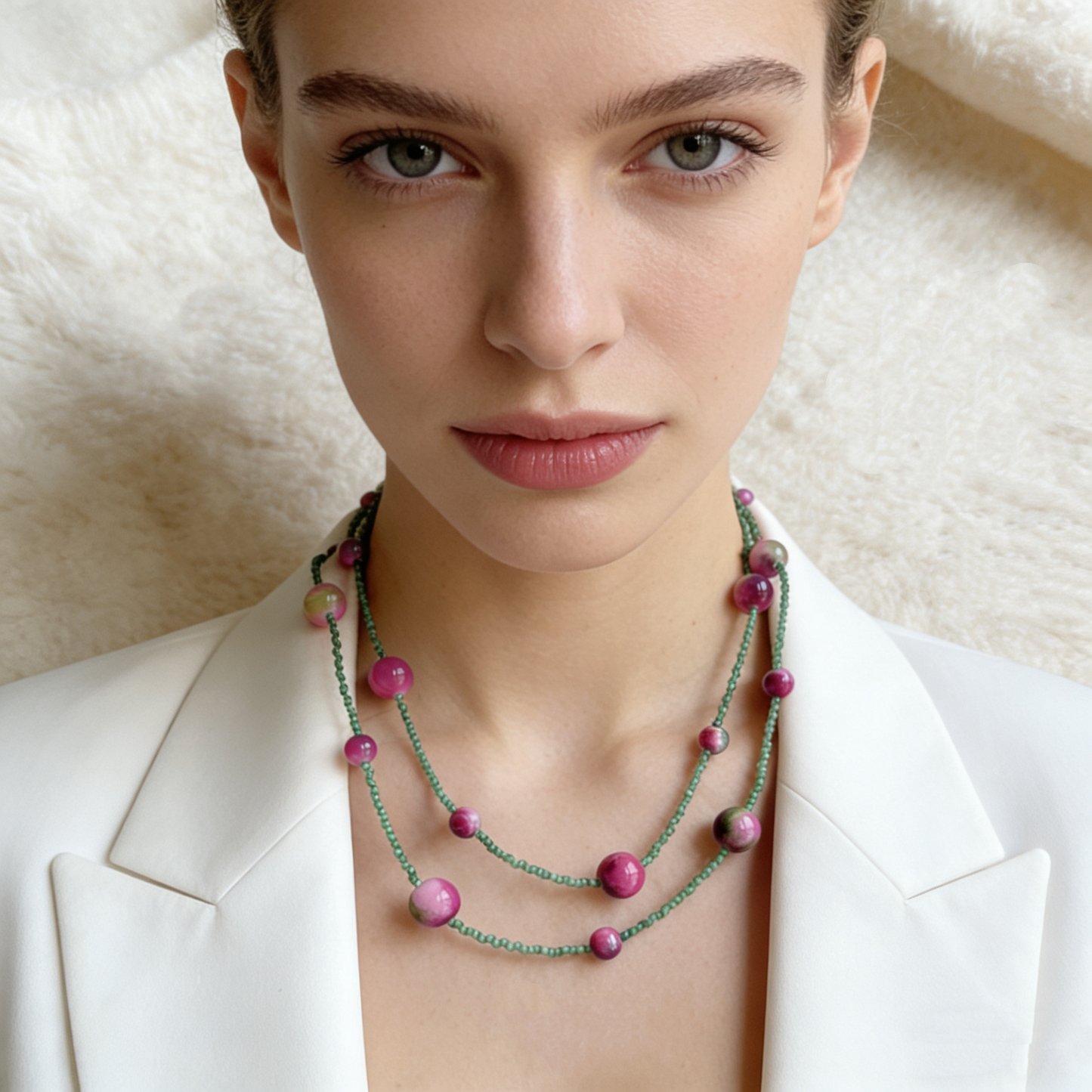 Long handmade necklace with natural crystal beads laid flat