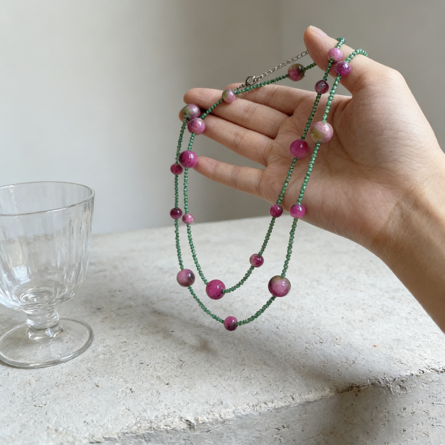 Long Natural Crystal Beaded Necklace