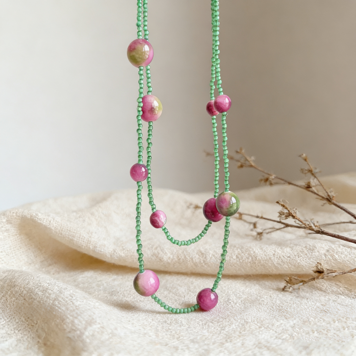 Artisan long necklace featuring natural crystal bead textures