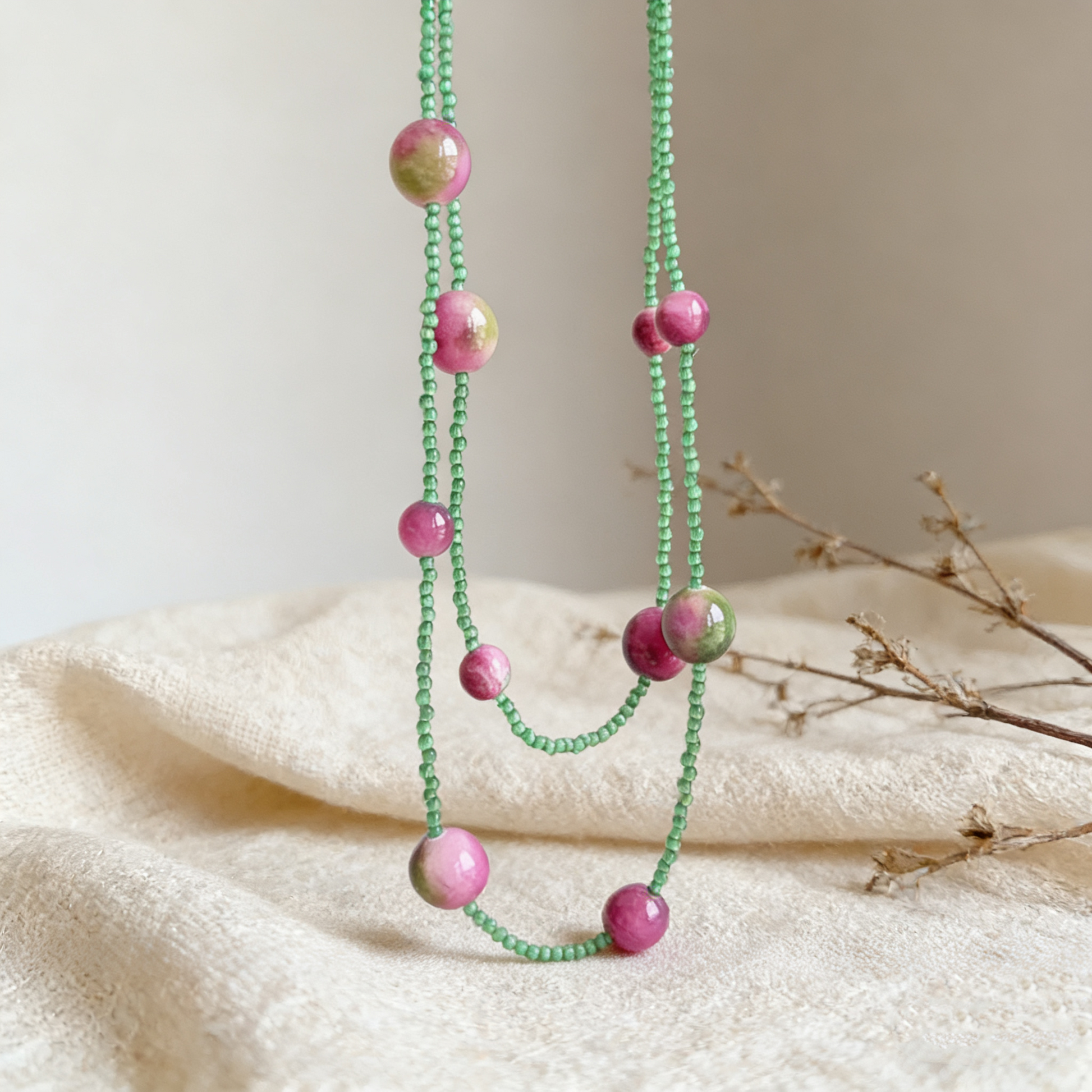 Artisan long necklace featuring natural crystal bead textures