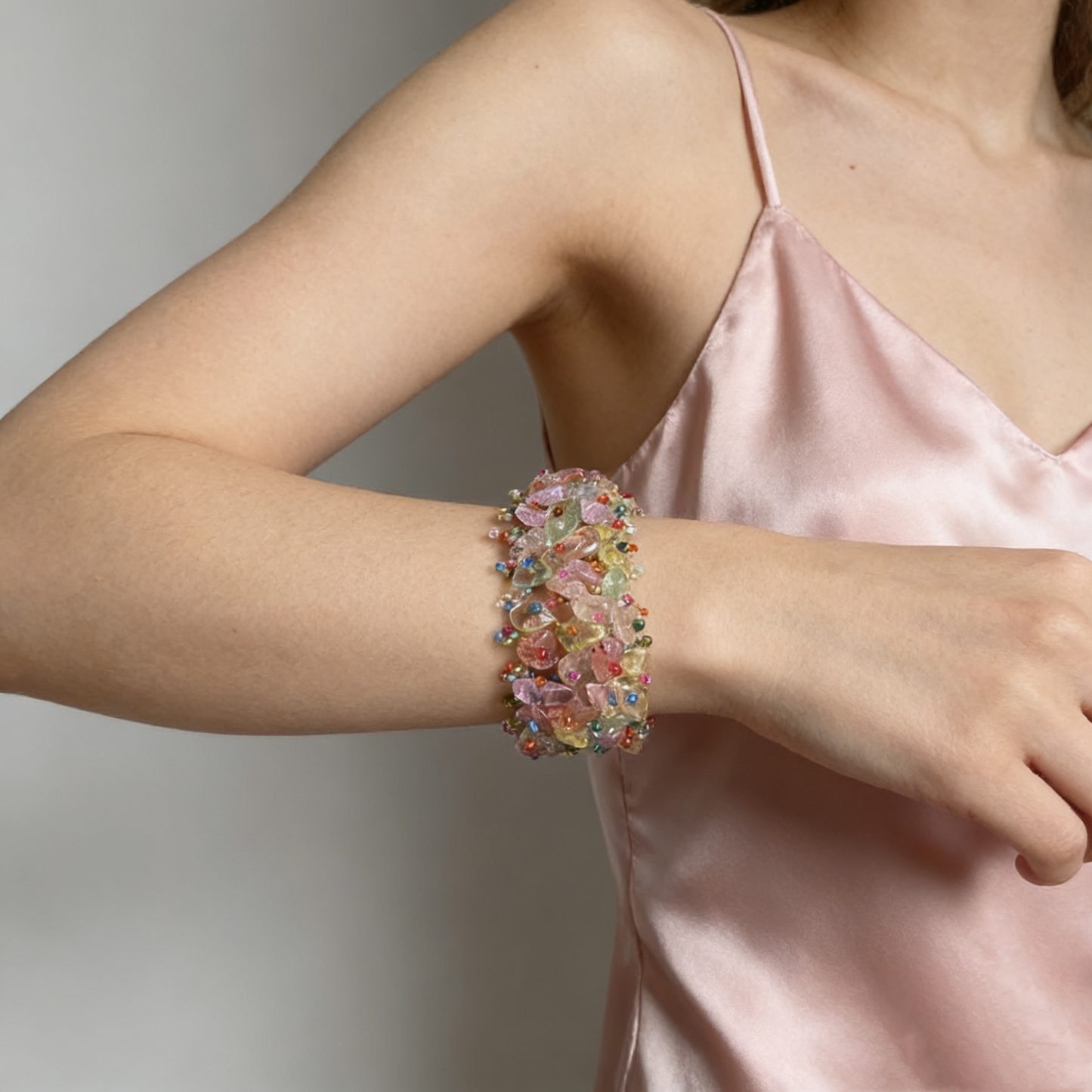 Colorful crystal chip bracelet layered texture detail