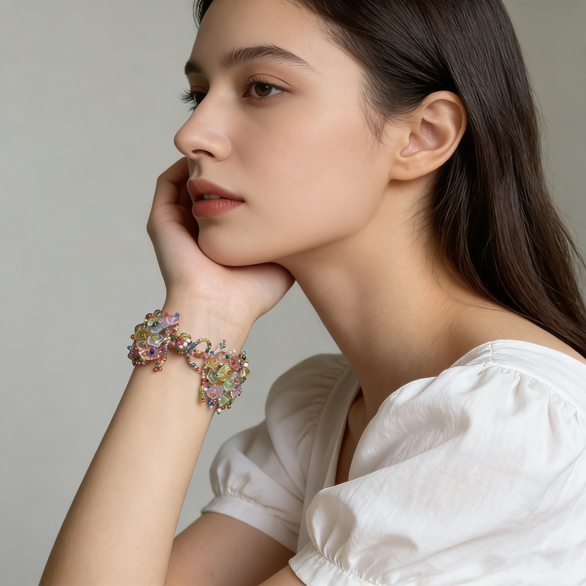 Natural crystal chip statement bracelet worn on wrist