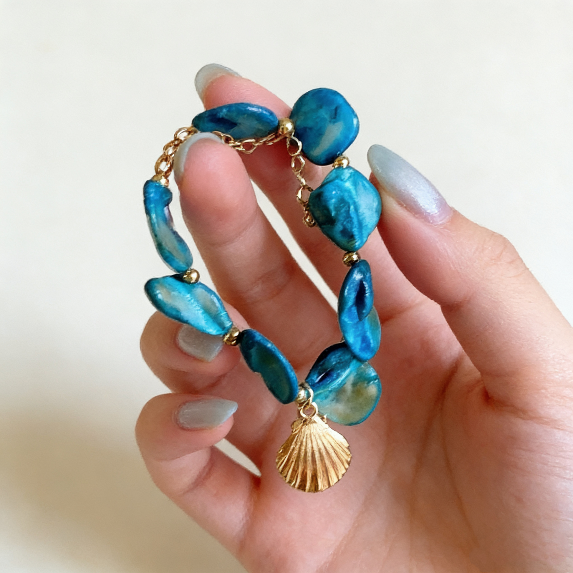 Hand assembled abalone shell copper bracelet detail