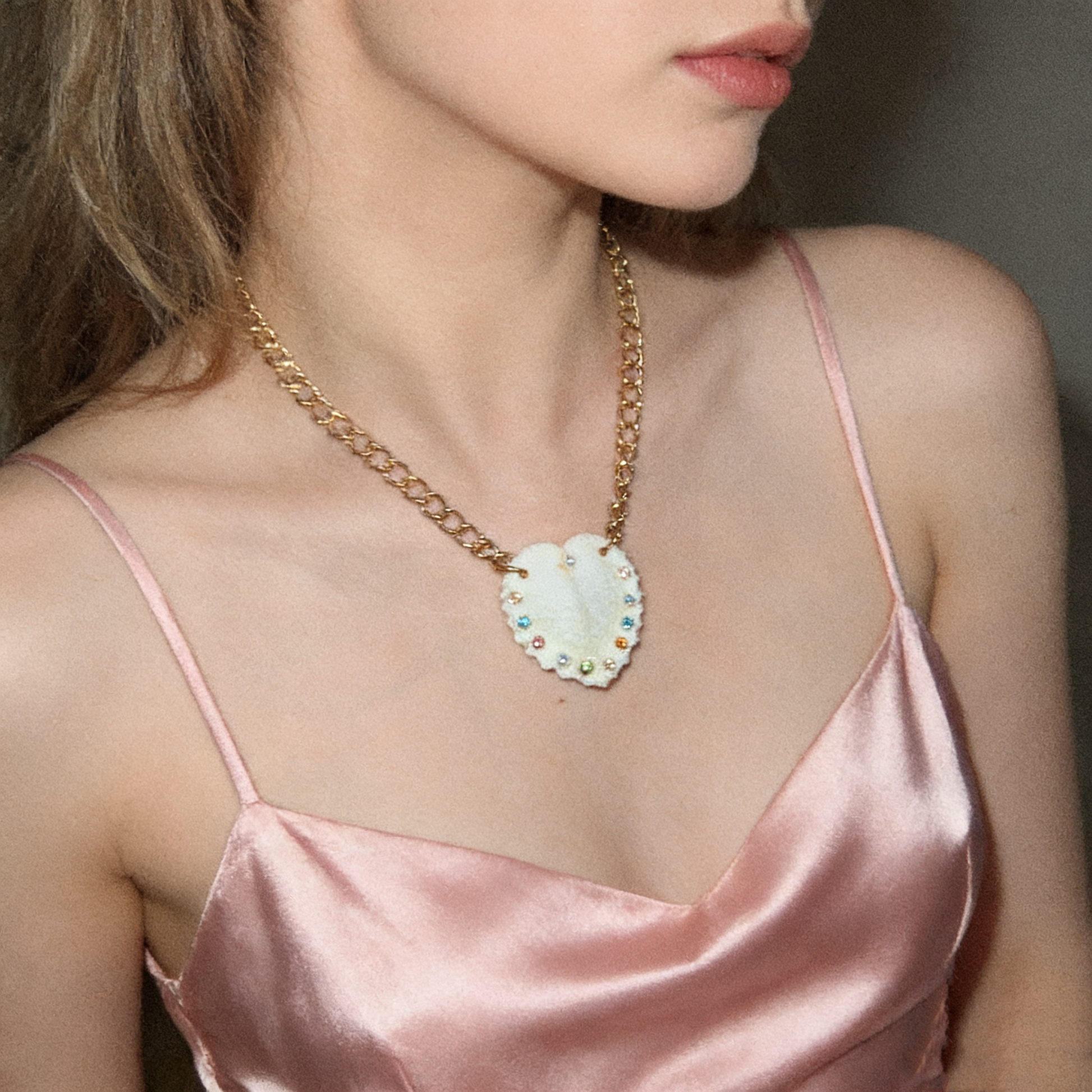 Natural shell heart necklace with Swarovski crystal elements on gold chain
