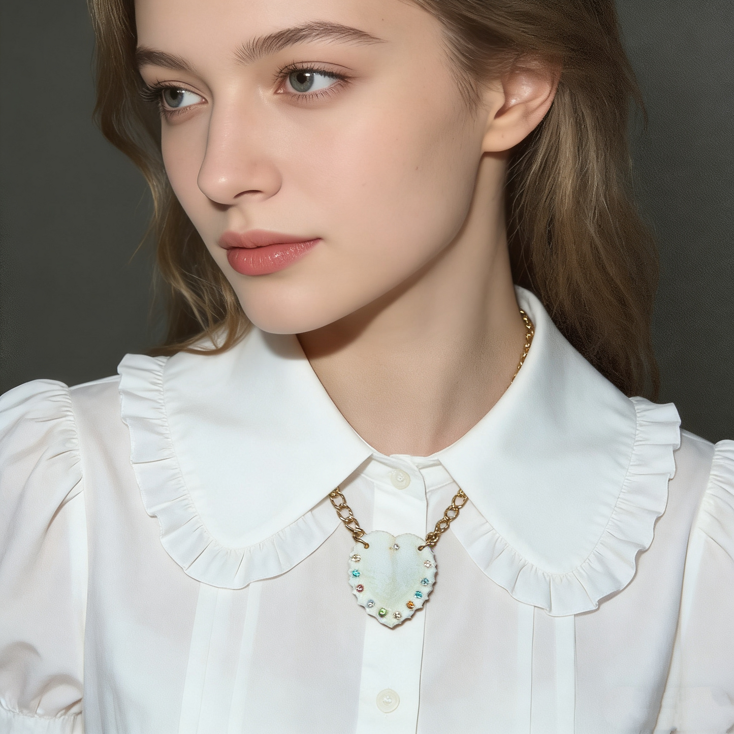 Model wearing natural shell heart necklace with white blouse