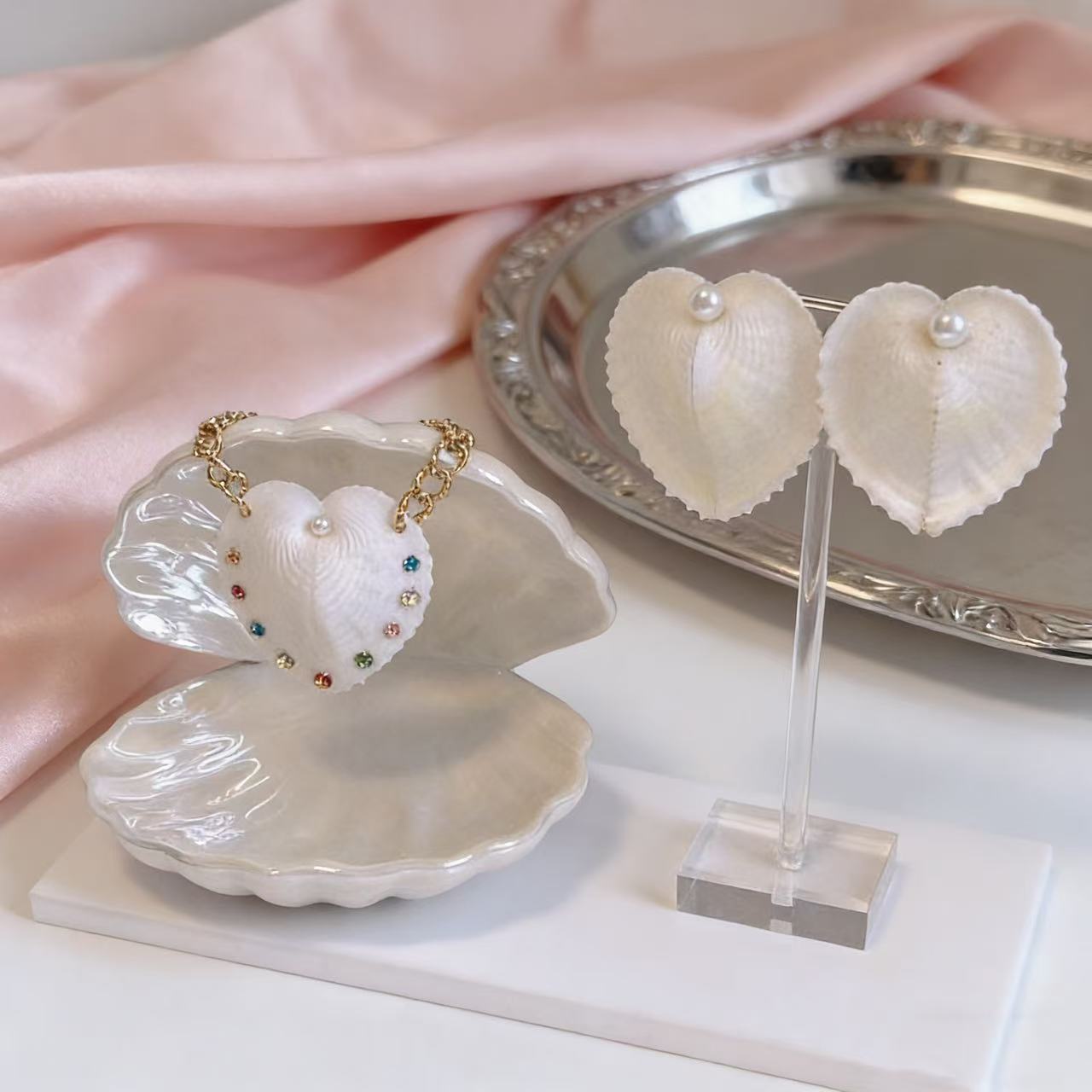 Natural Shell Heart Necklace with Swarovski Crystals