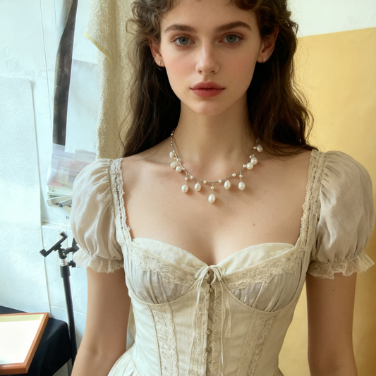 Minimal handmade natural pearl drop necklace flat lay