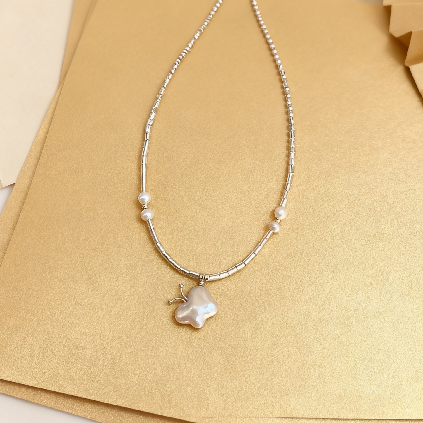 Minimal Baroque Pearl Butterfly Pendant Necklace
