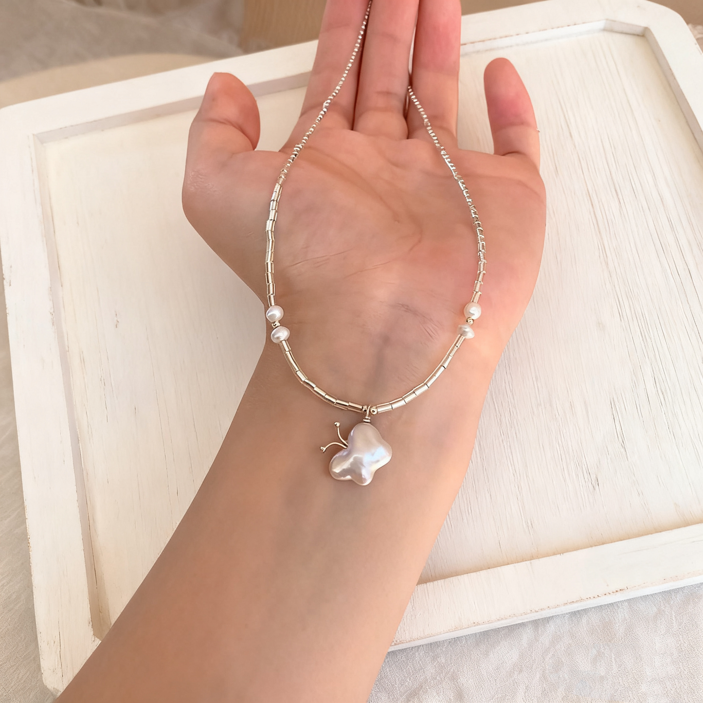Minimal Baroque Pearl Butterfly Pendant Necklace