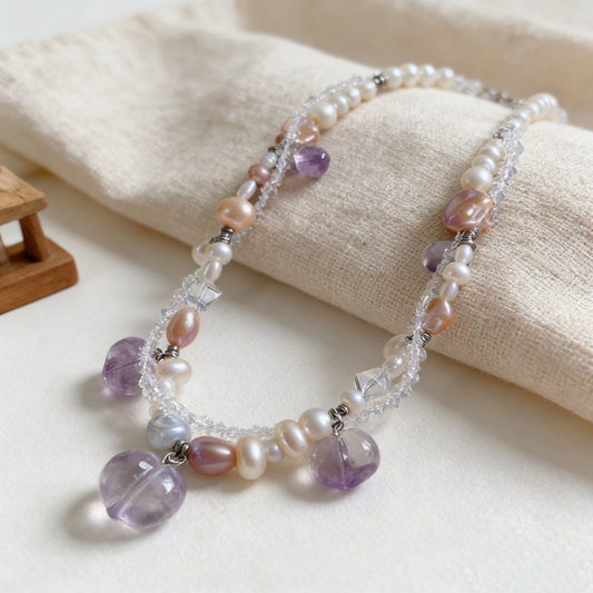 Romantic handmade crystal pearl statement necklace