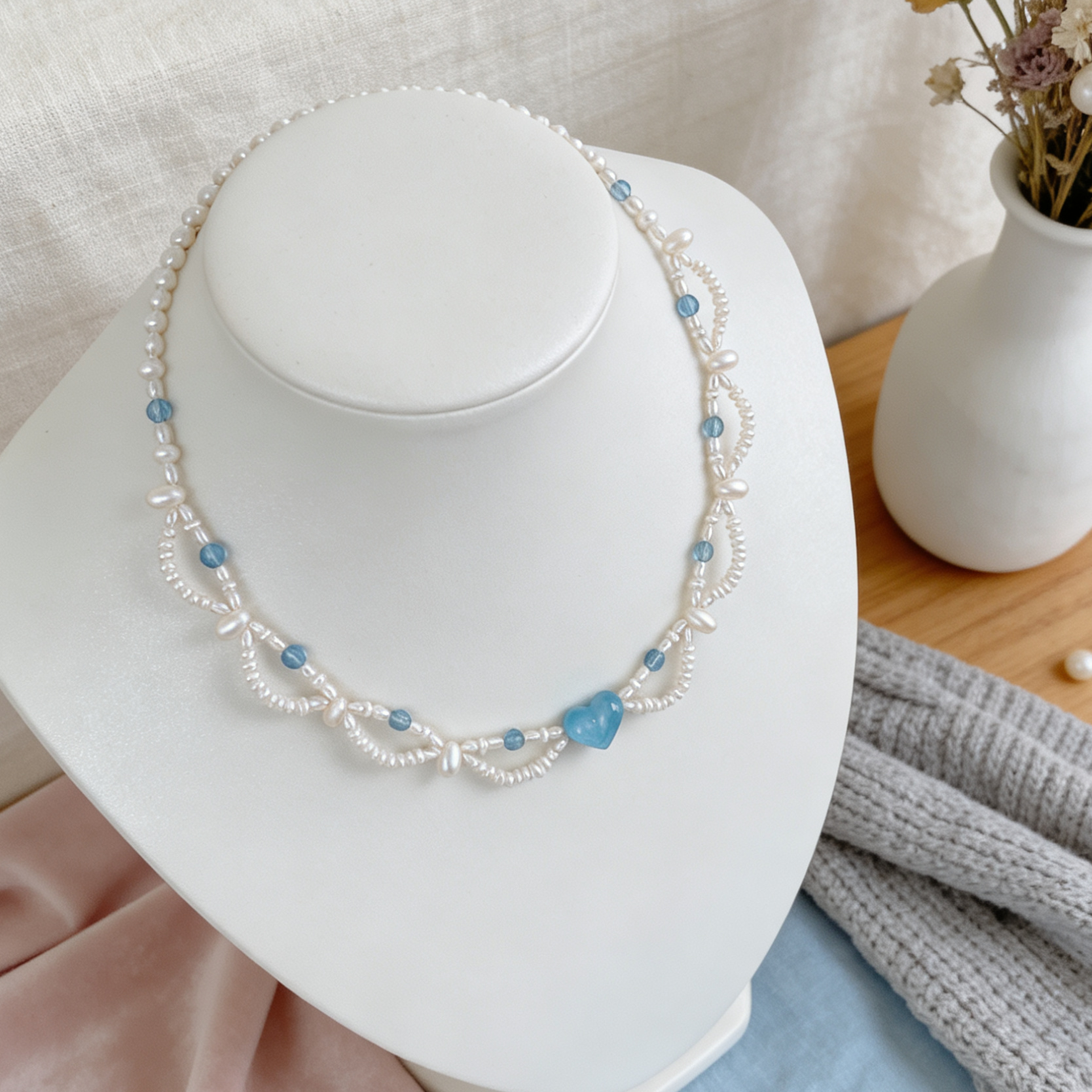 Romantic handmade crystal pearl statement necklace