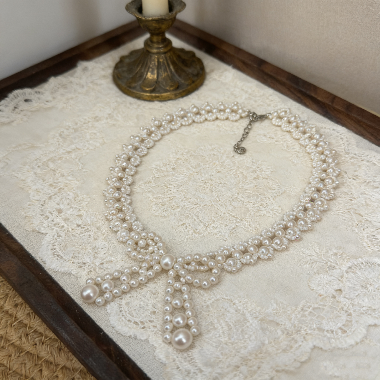 Hand Beaded Pearl Bow Statement Necklace