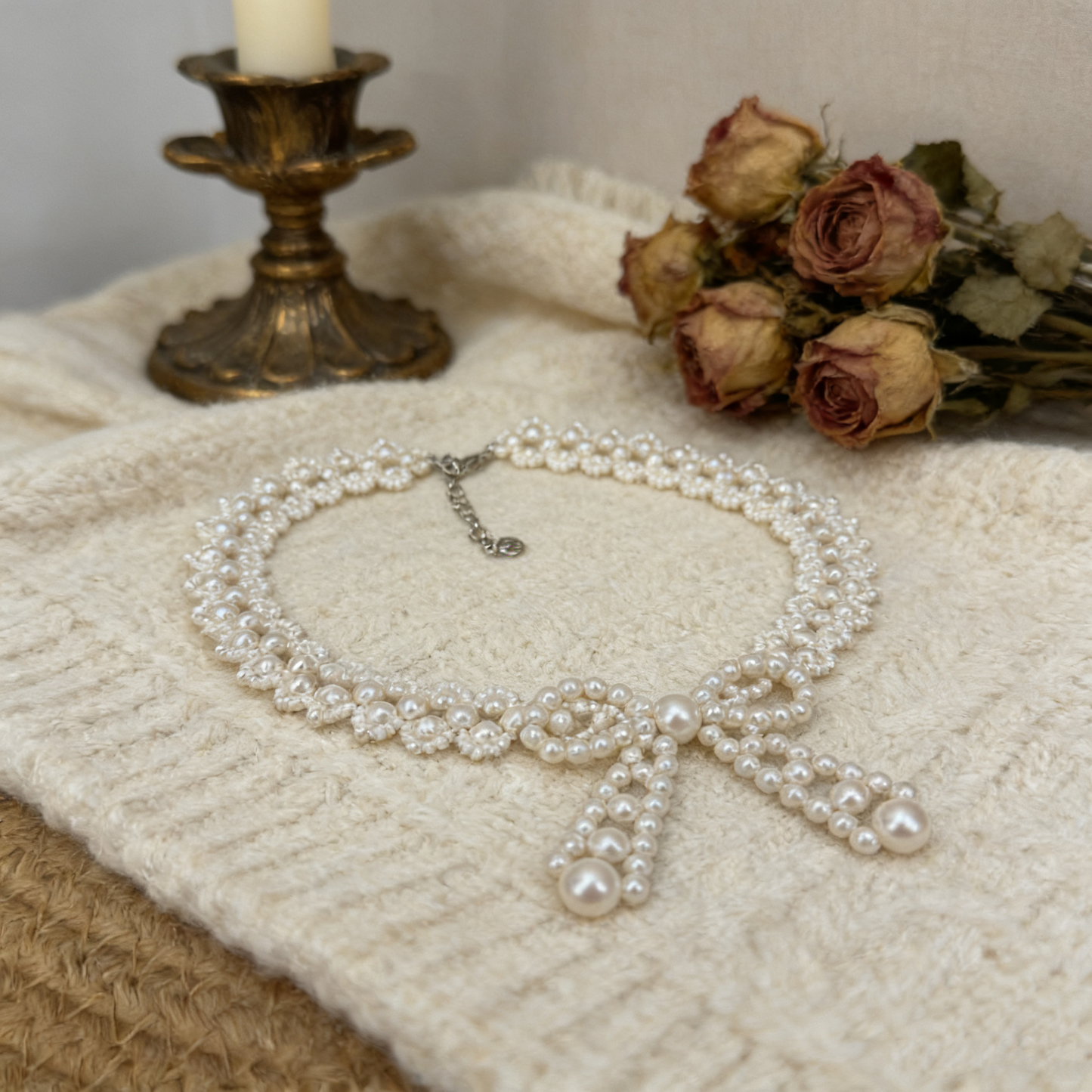 Hand Beaded Pearl Bow Statement Necklace