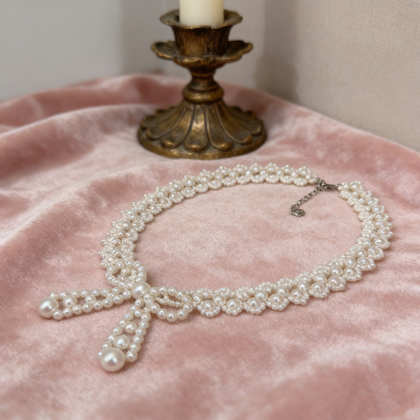 Hand Beaded Pearl Bow Statement Necklace