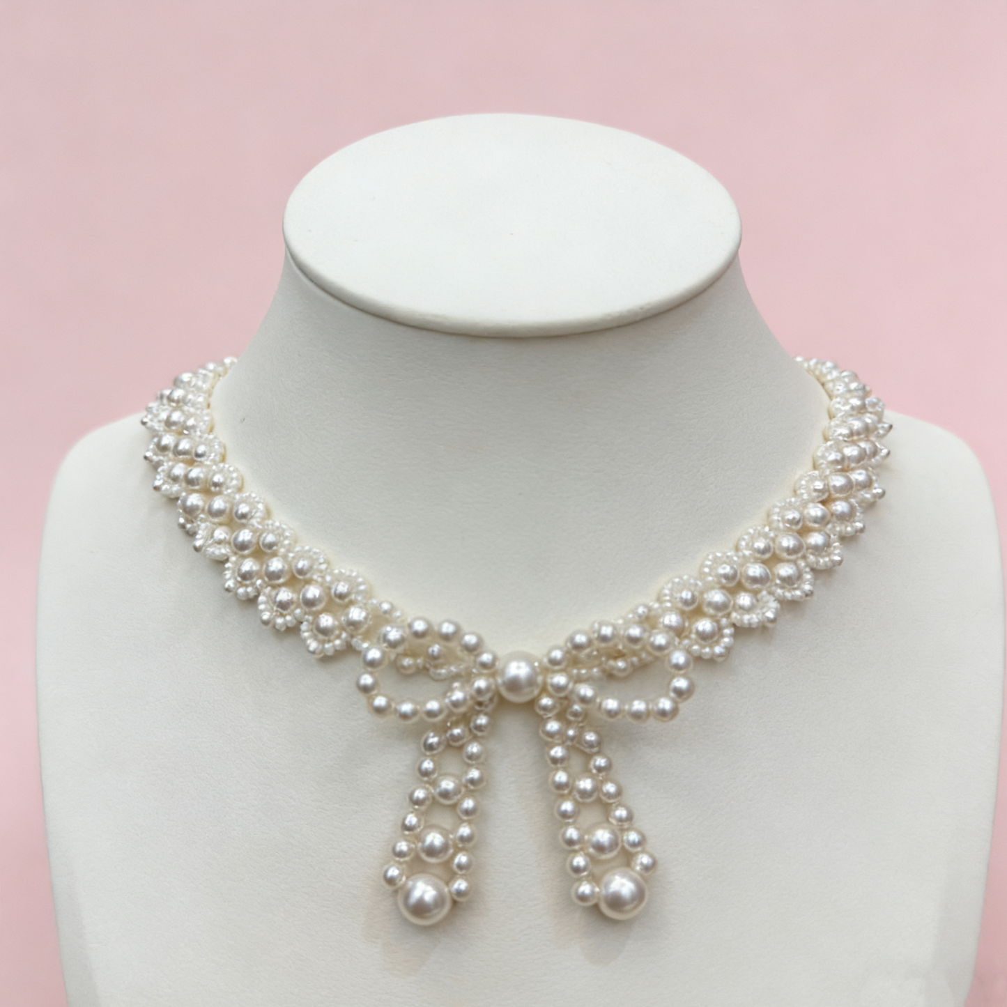 Hand Beaded Pearl Bow Statement Necklace