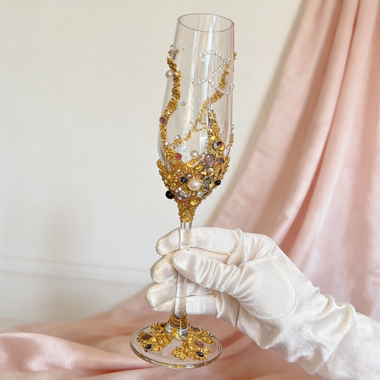 Handcrafted crystal champagne glasses for wedding toast and celebration