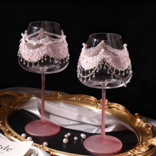 Hand decorated burgundy wine glass with pink crystal and pearl details