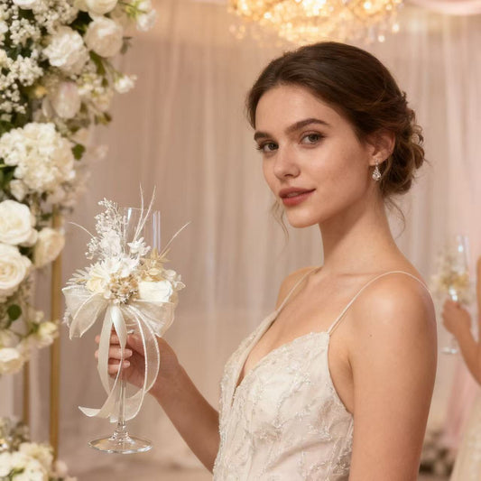 Handmade floral champagne glass with romantic wedding flower decoration