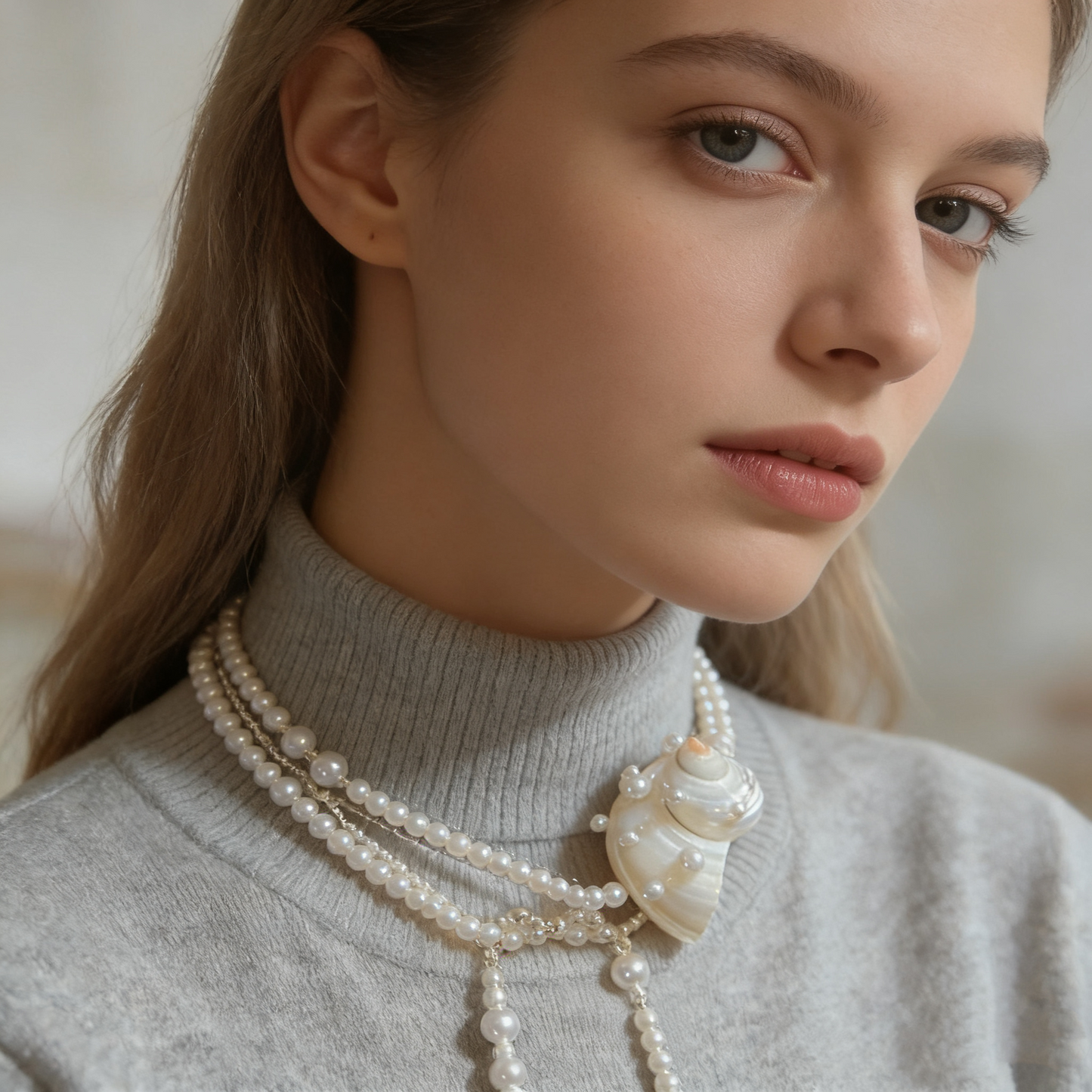 Shell Pearl Long Necklace with Baroque Shell Pendant