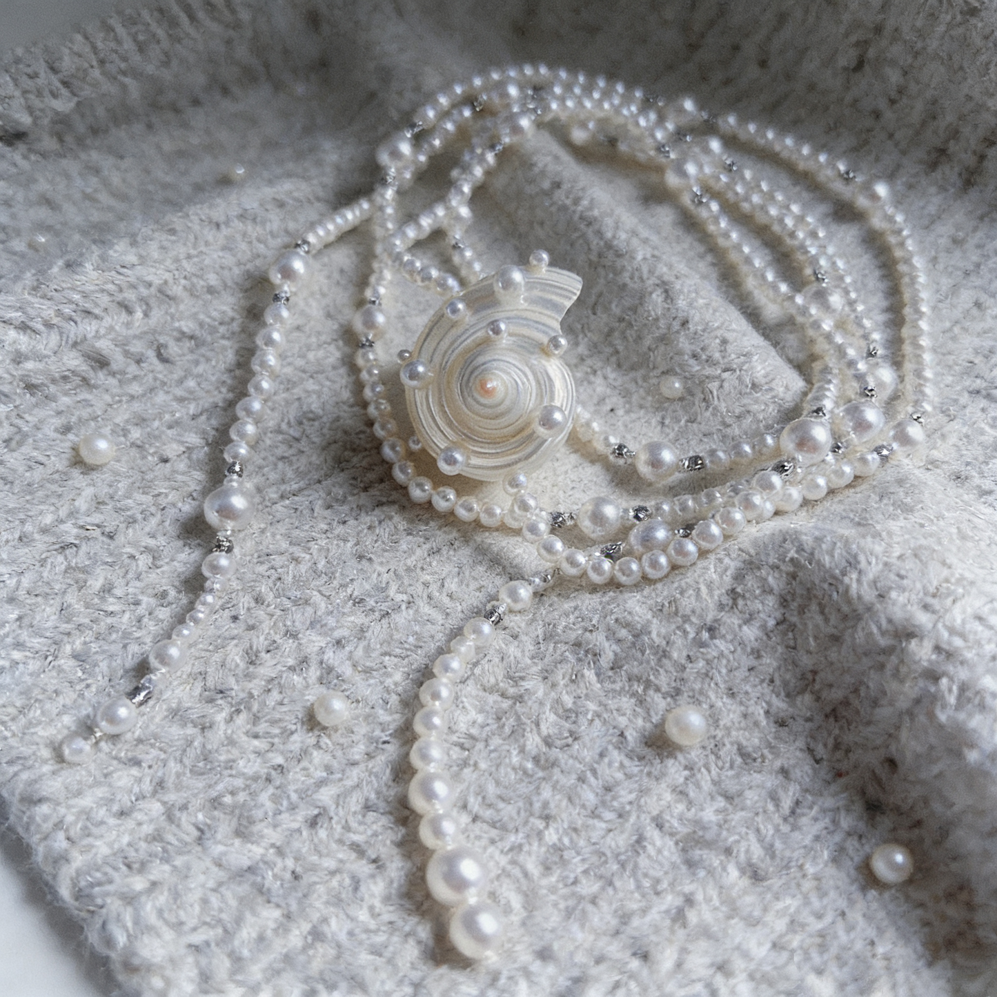 Shell Pearl Long Necklace with Baroque Shell Pendant