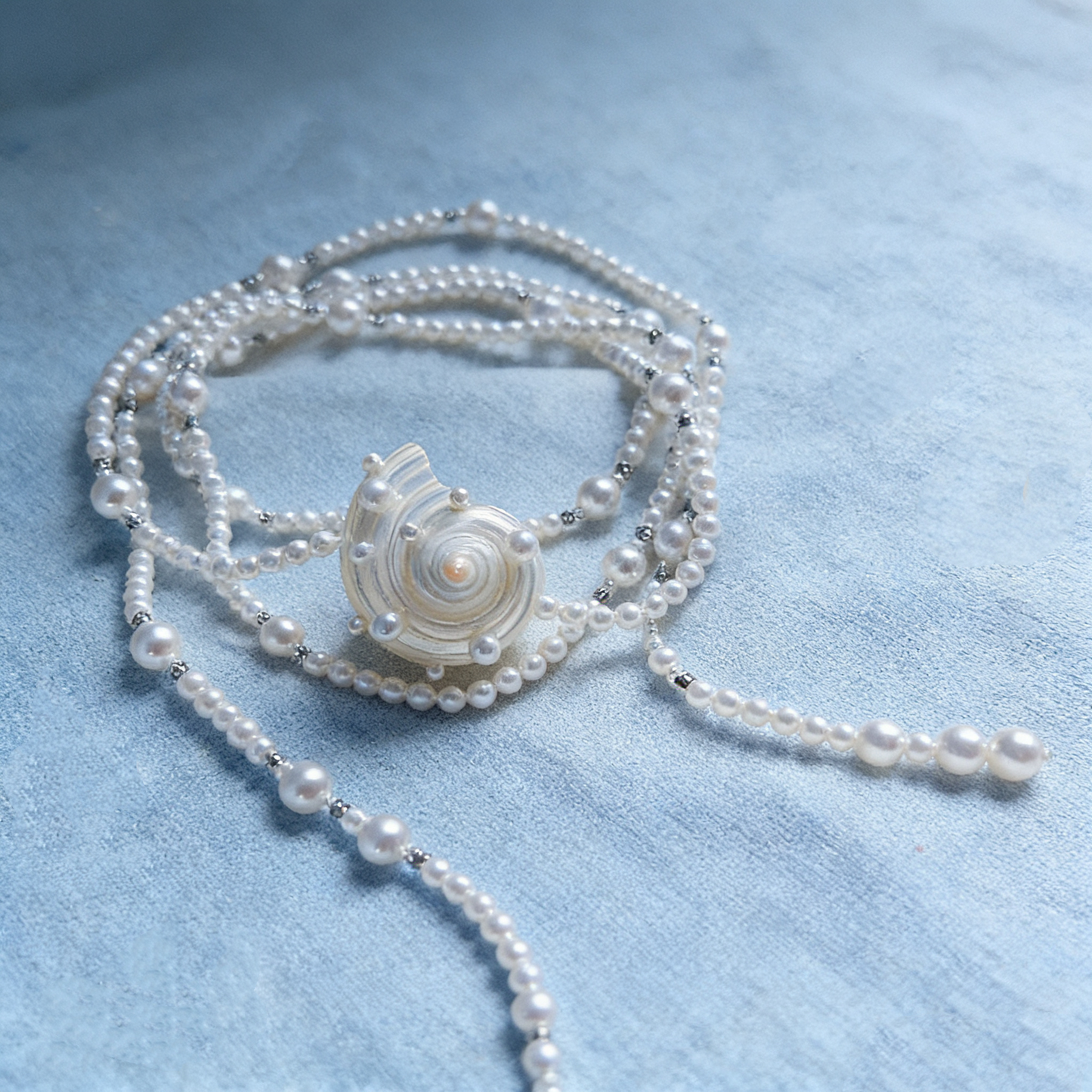 Shell Pearl Long Necklace with Baroque Shell Pendant