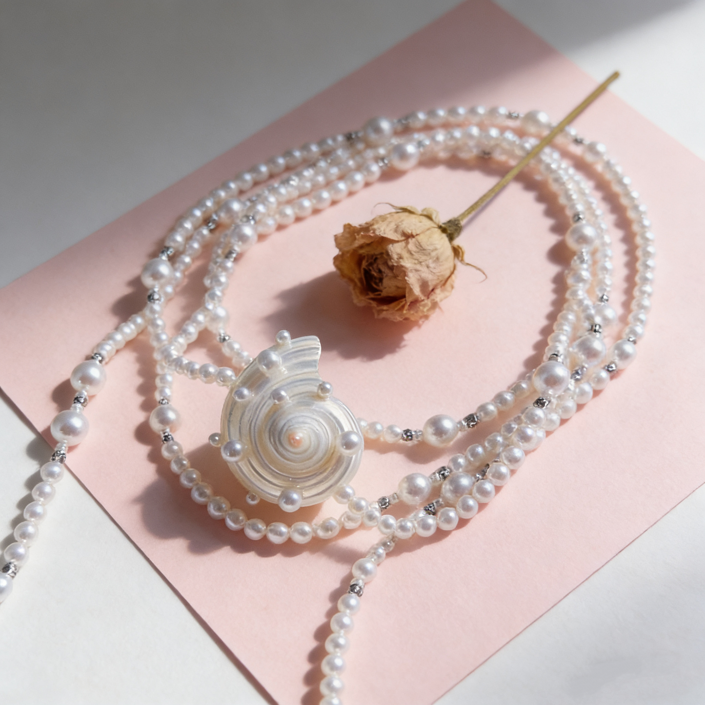Shell Pearl Long Necklace with Baroque Shell Pendant