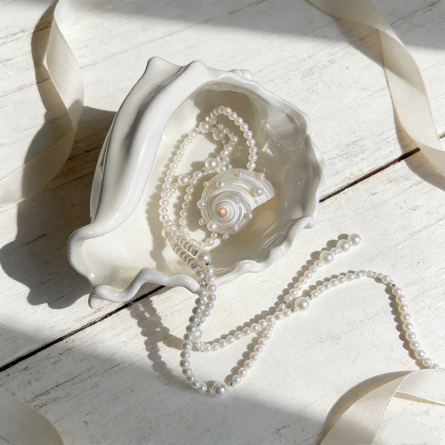 Shell Pearl Long Necklace with Baroque Shell Pendant