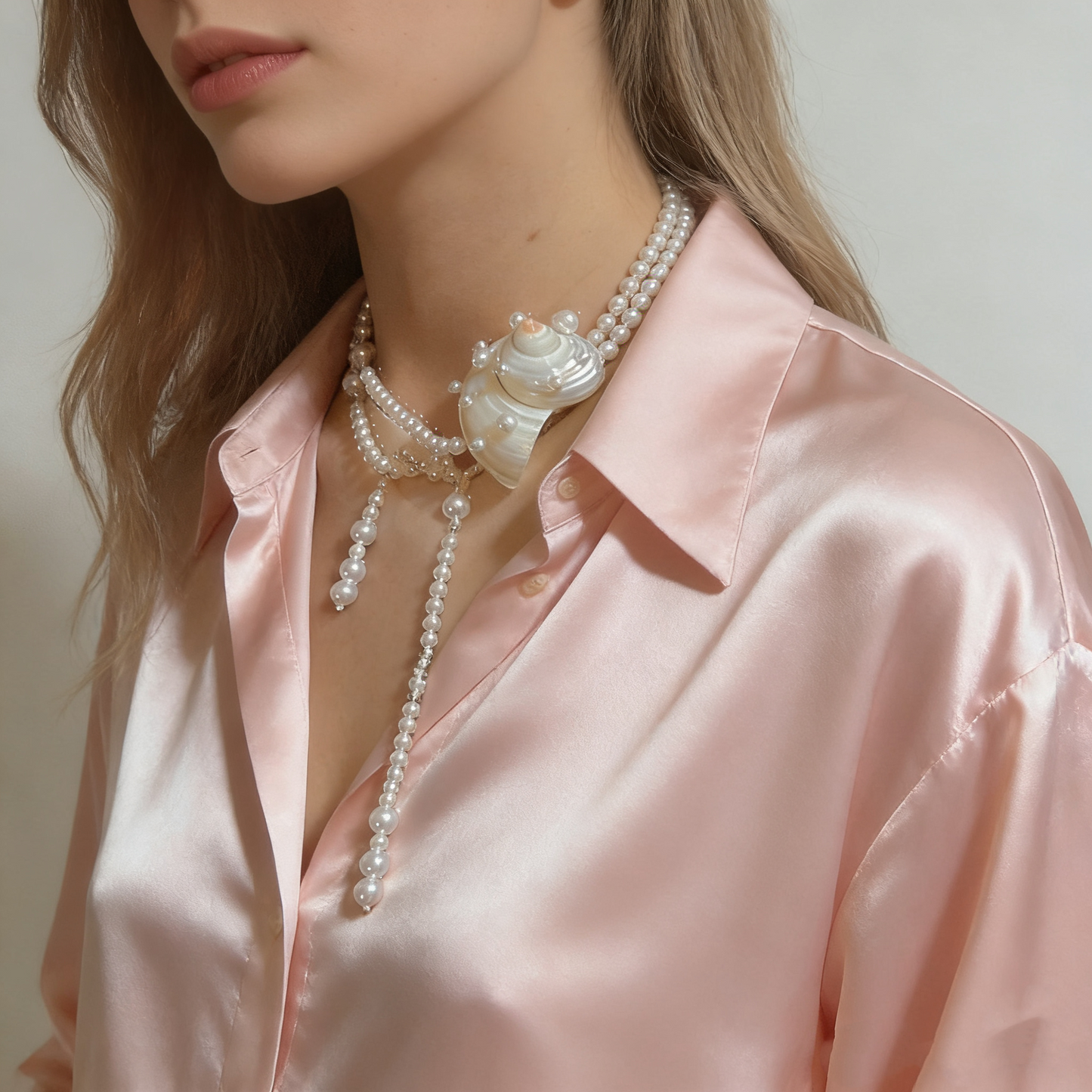 Shell Pearl Long Necklace with Baroque Shell Pendant