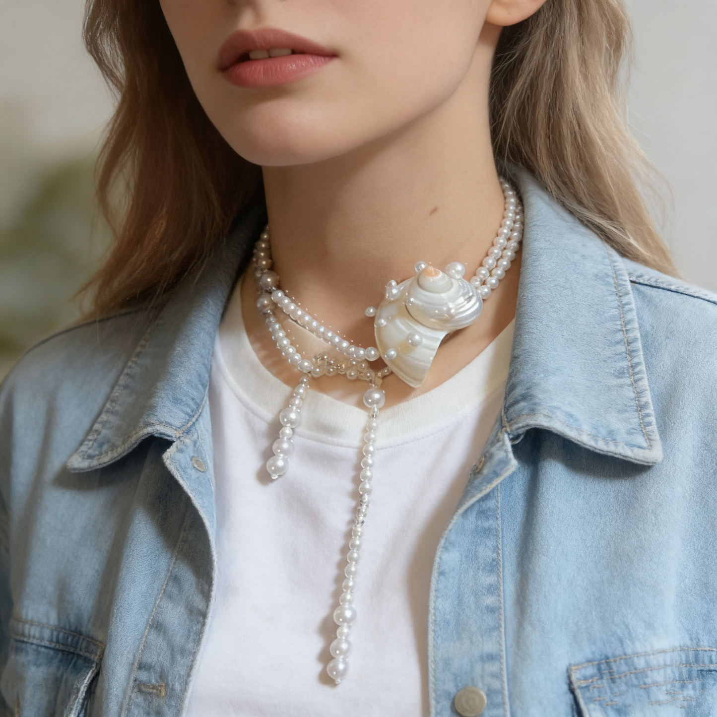 Shell Pearl Long Necklace with Baroque Shell Pendant