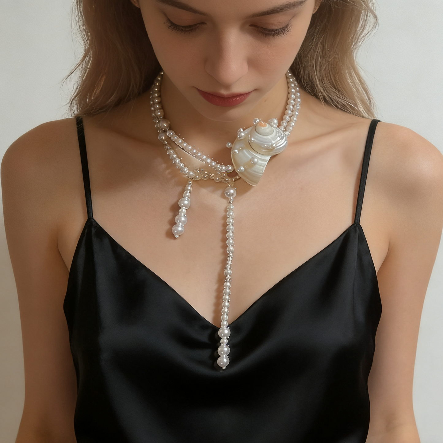 Shell Pearl Long Necklace with Baroque Shell Pendant