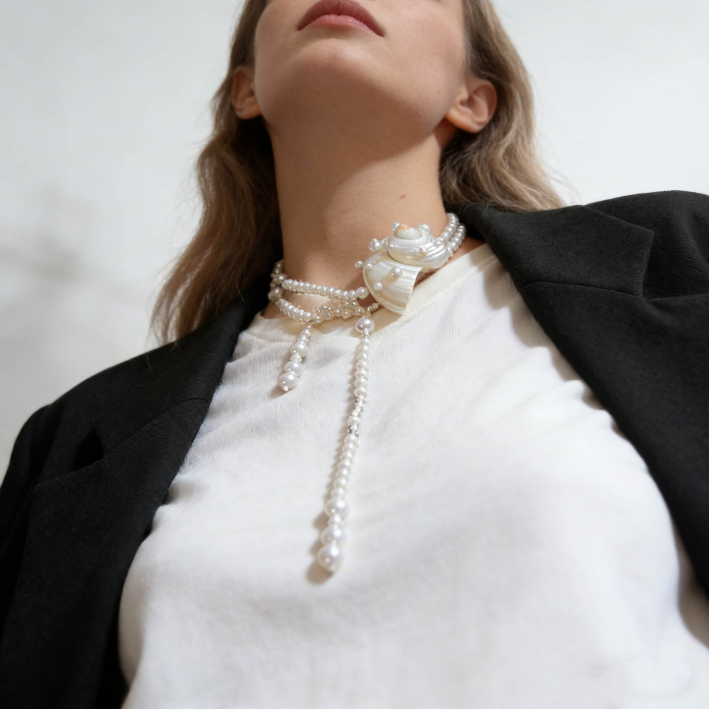 Shell Pearl Long Necklace with Baroque Shell Pendant