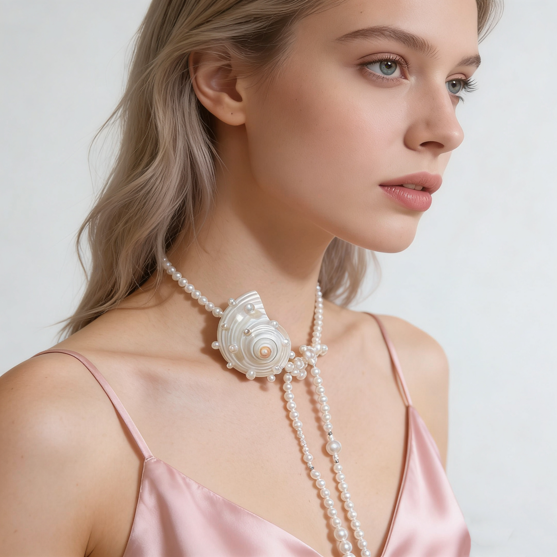 Model wearing a long pearl lariat necklace with natural shell detail