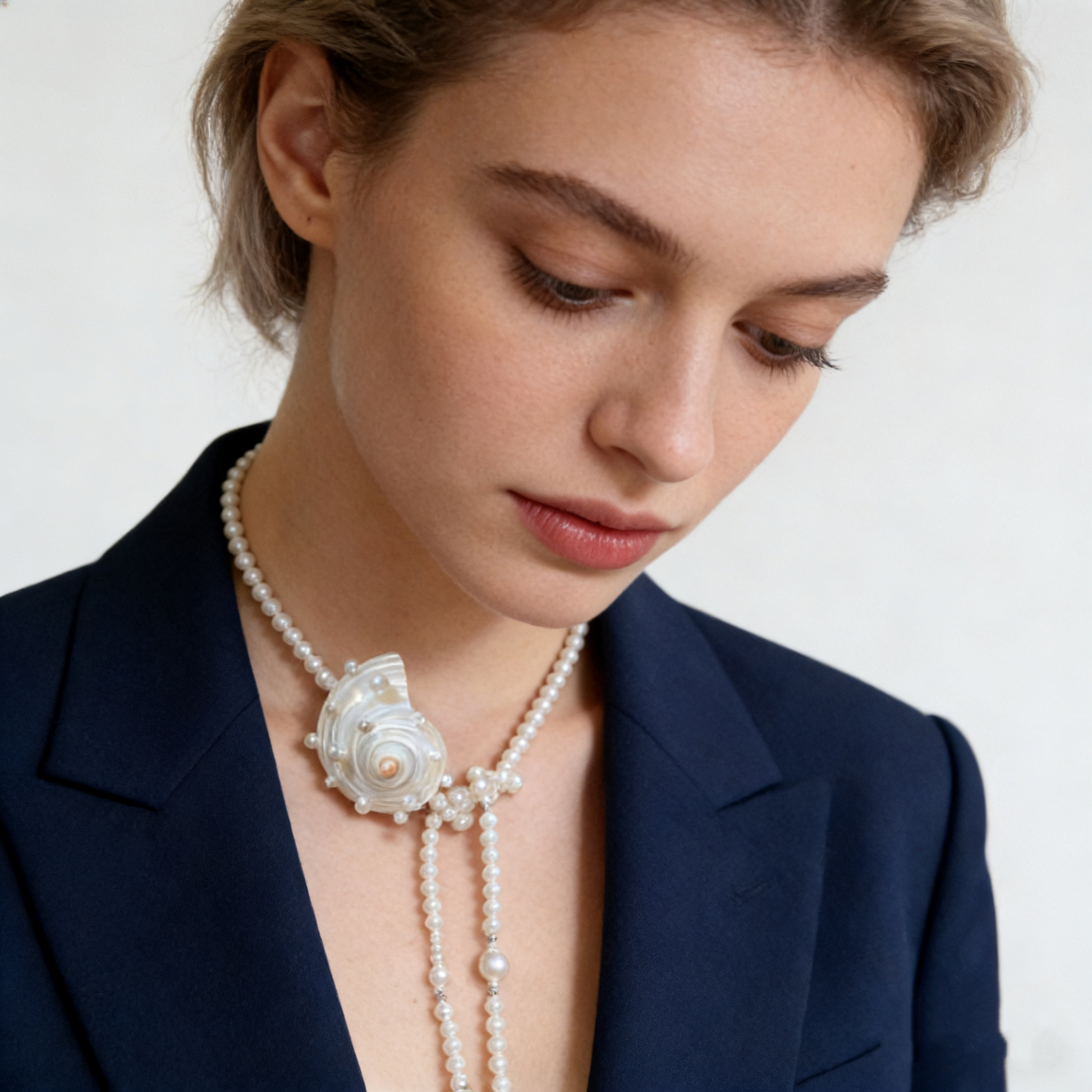 Long imitation pearl necklace with natural shell pendant, handmade layered pearl jewelry worn as statement piece