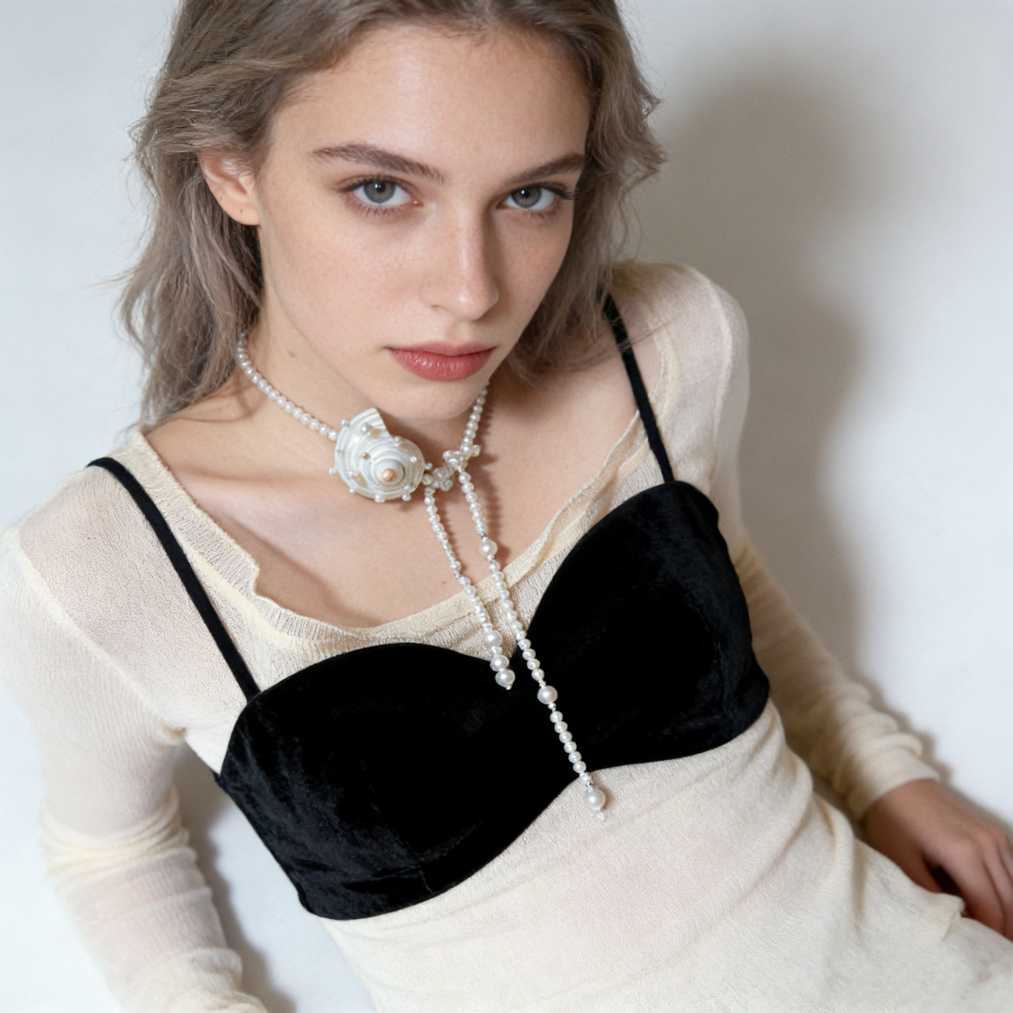 Shell Pearl Long Necklace with Baroque Shell Pendant