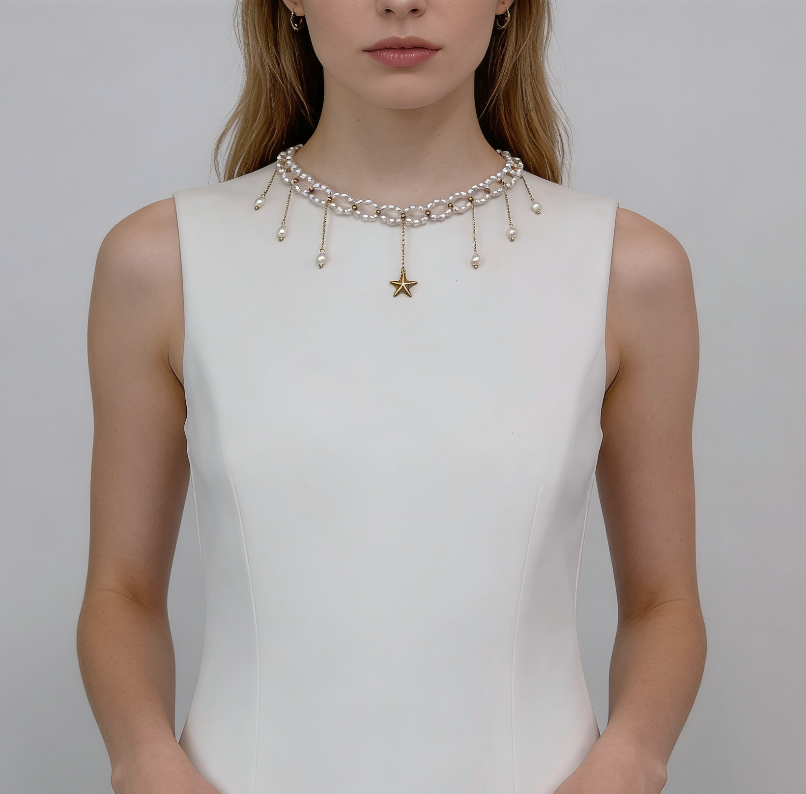 Delicate pearl choker necklace with layered design and gold tone accents