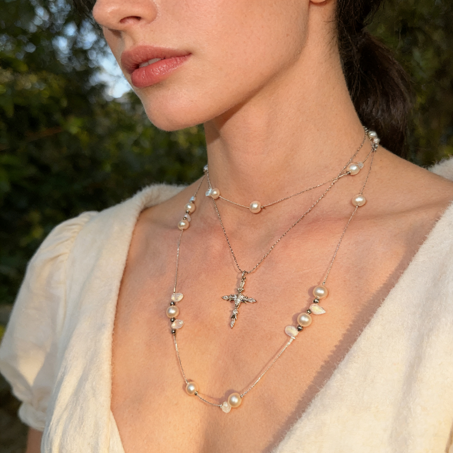 Layered Pearl Beaded Cross Necklace