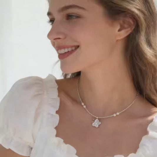 Minimal Baroque Pearl Butterfly Pendant Necklace