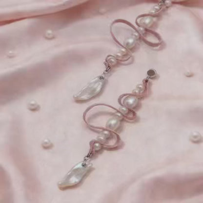 Baroque Pearl Ribbon Drop Earrings in Soft Pink
