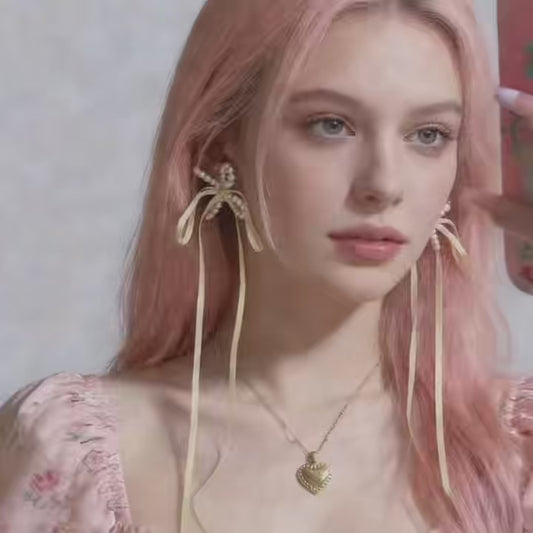 Pearl Bow Stud Earrings with Ribbon Ties