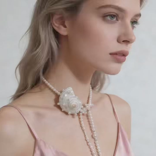 Shell Pearl Long Necklace with Baroque Shell Pendant