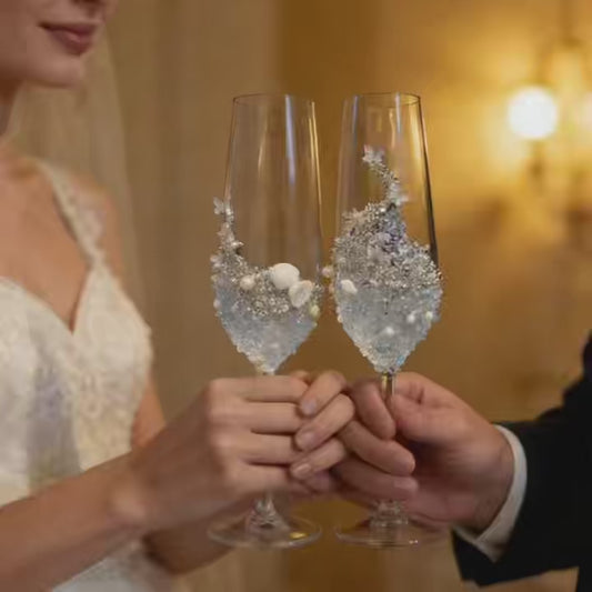 Personalized Blue Crystal Champagne Glasses Set