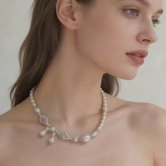 Asymmetric Pearl Necklace with Iridescent Shell Details
