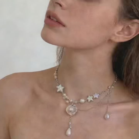 Layered Pearl Necklace with Star Details – Soft White