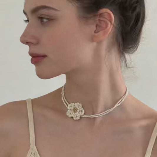 Hand Beaded Floral Necklace with Pearl Beads