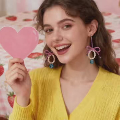 Pink Beaded Bow Earrings with Natural Pearls