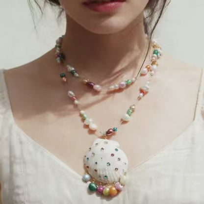 Handmade Shell Necklace with Colorful Beaded Chain