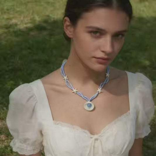 Starfish Shell Beaded Necklace – Soft Blue